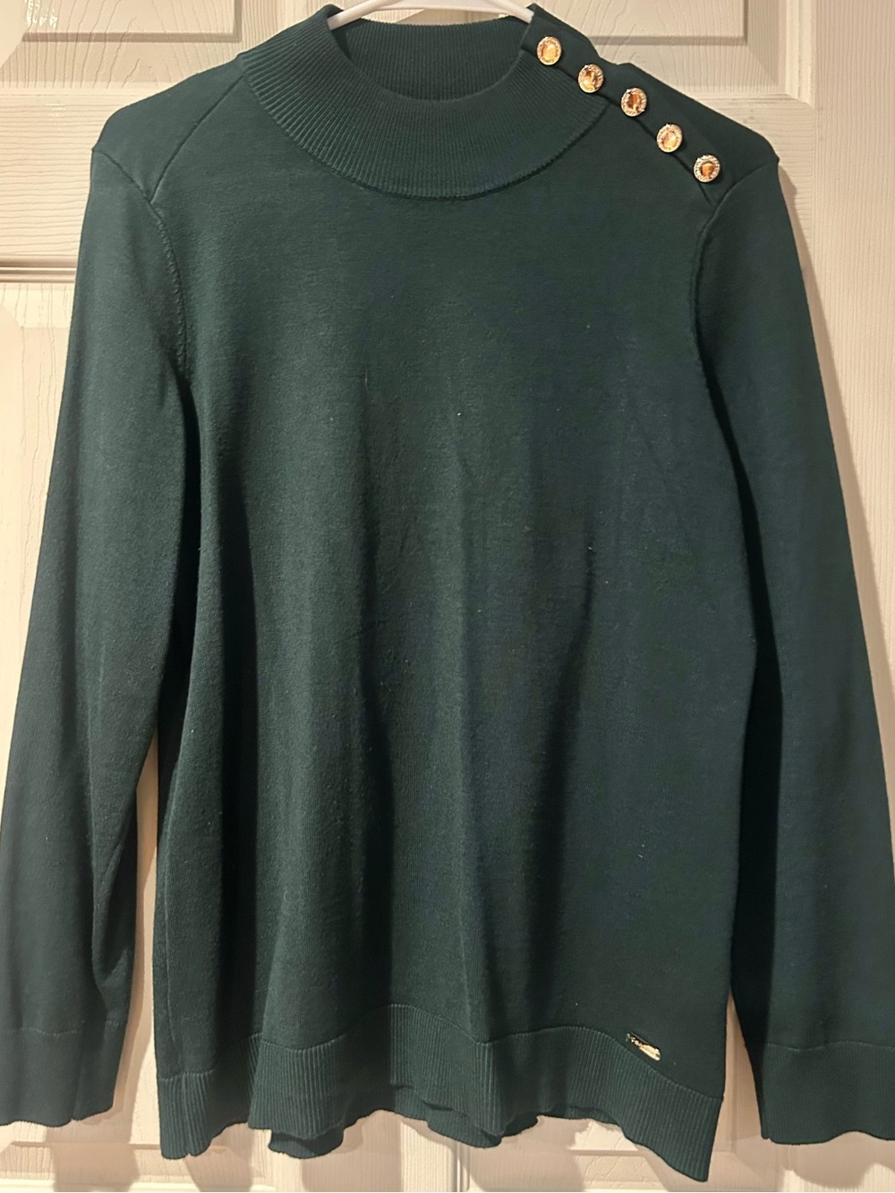 Calvin Klein Dark Green Mock Neck Sweater with Gold Shoulder Buttons